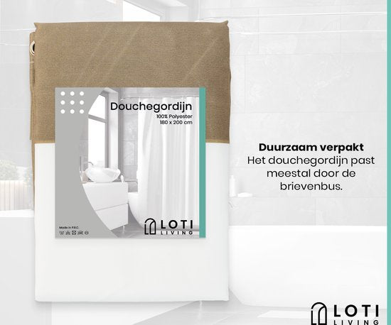 Loti Living Douchegordijn Anti Schimmel – Lichtbruin gestreept - Inclusief ringen – Waterdicht - Polyester - Douchegordijn 180x200 cm