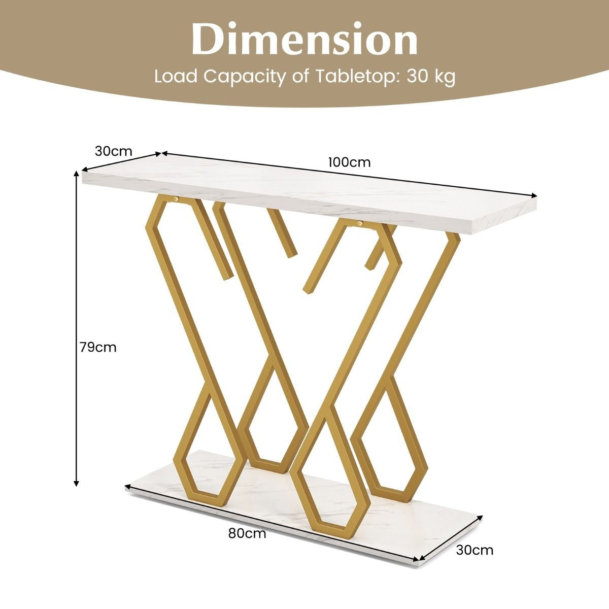 Coast Bijzettafel - Marmerlook - 100 x 30 x 79 cm - Wit/ Goud