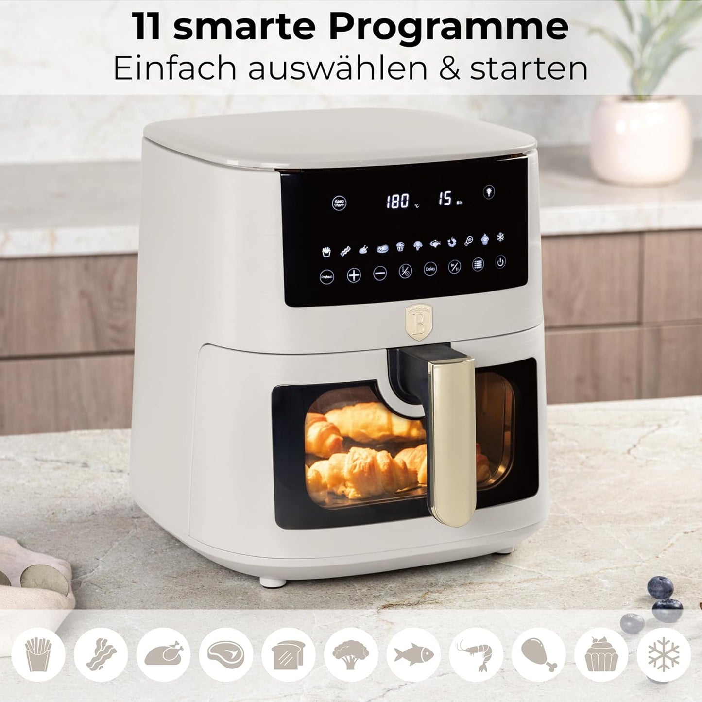 Berlinger Haus Airfryer 8 Liter - Matte Crème - Digitaal Touchdisplay - 1650W - 33 x 36,5 x 36,5 cm