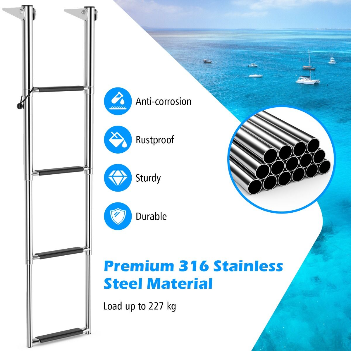 Coast Telescopische Bootladder 4-Traps - Antislip - RVS - 227kg Capaciteit - Zilverkleurig