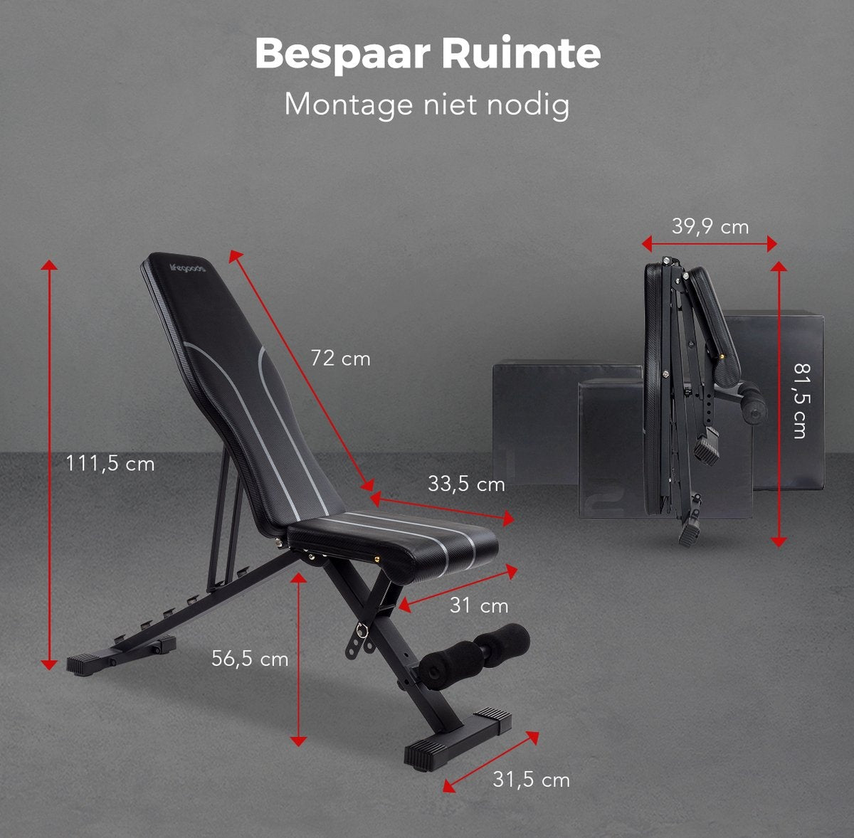 LifeGoods Fitness Halterbank - Fitnessbank - Bench Press - Trainingsbank - Verstelbaar - Inklapbaar - Zwart/Grijs