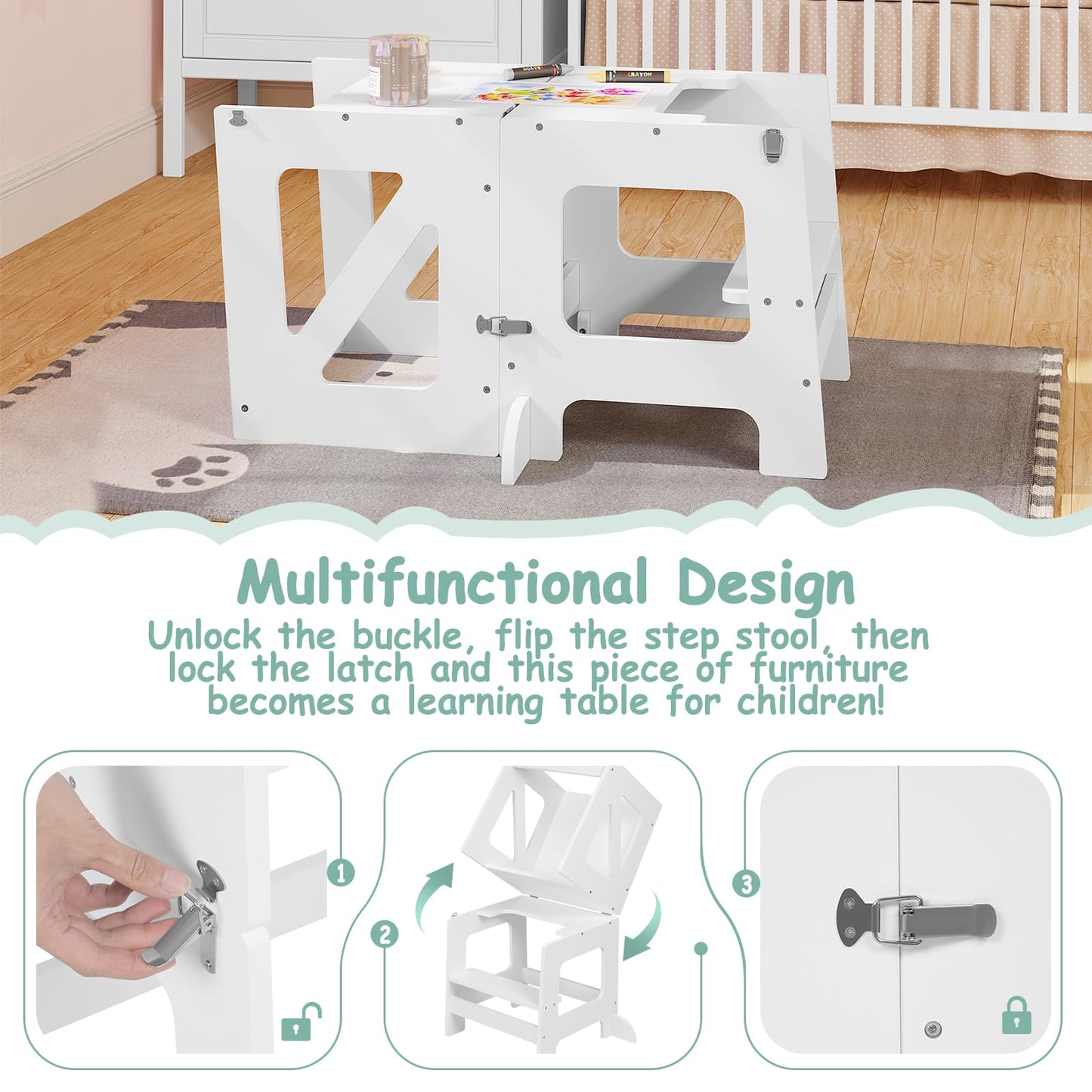 Woltu Learning Tower - 3-in-1 - Inklapbaar - 35x86x45cm - Wit