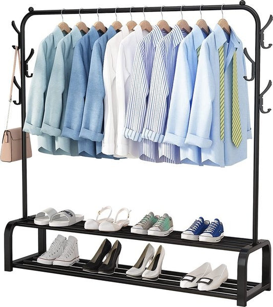 Avalo Industrieel Kledingrek - Metaal - 110x33x150 CM - Zwart - Opbergruimte Voor Schoenen - Garderoberek Met Haken