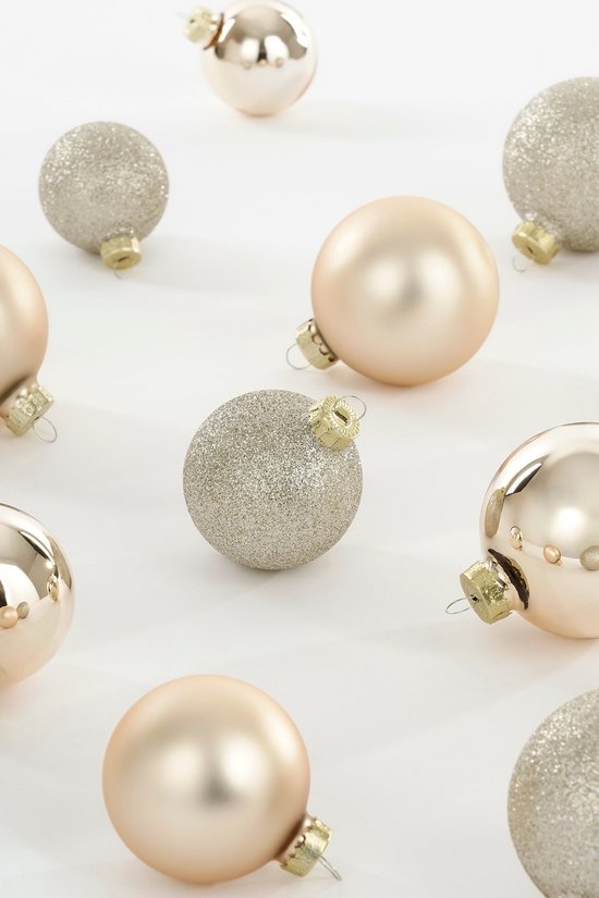 Mica Decorations Kerstballen - 26 Stuks - Kerstversiering voor de Kerstboom - Glimmende en Glitter Ornamenten - Piek en Ballen in Diverse Formaten - Ø7 cm - Crème