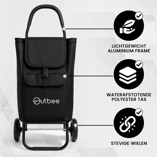 Outbee Boodschappentrolley - Opvouwbaar - Polyester - Met EVA wielen - Aluminium frame - Draagvermogen 45 kg - Zwart