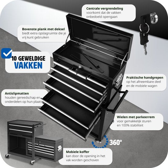 tectake® Werkplaatswagen met Kofferbevestiging - Afsluitbare Gereedschapswagen met 10 Vakken - Mobiele Werkbank van Staal - Wielen met Rem - Lege Gereedschapswagen, Gereedschapskast - Zwart