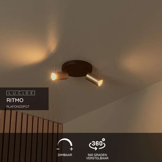 Lucide RITMO - Plafondspot (Plafondlamp) - Ø 15 cm - 2xGU10 (MR11) - Mat Goud / Messing