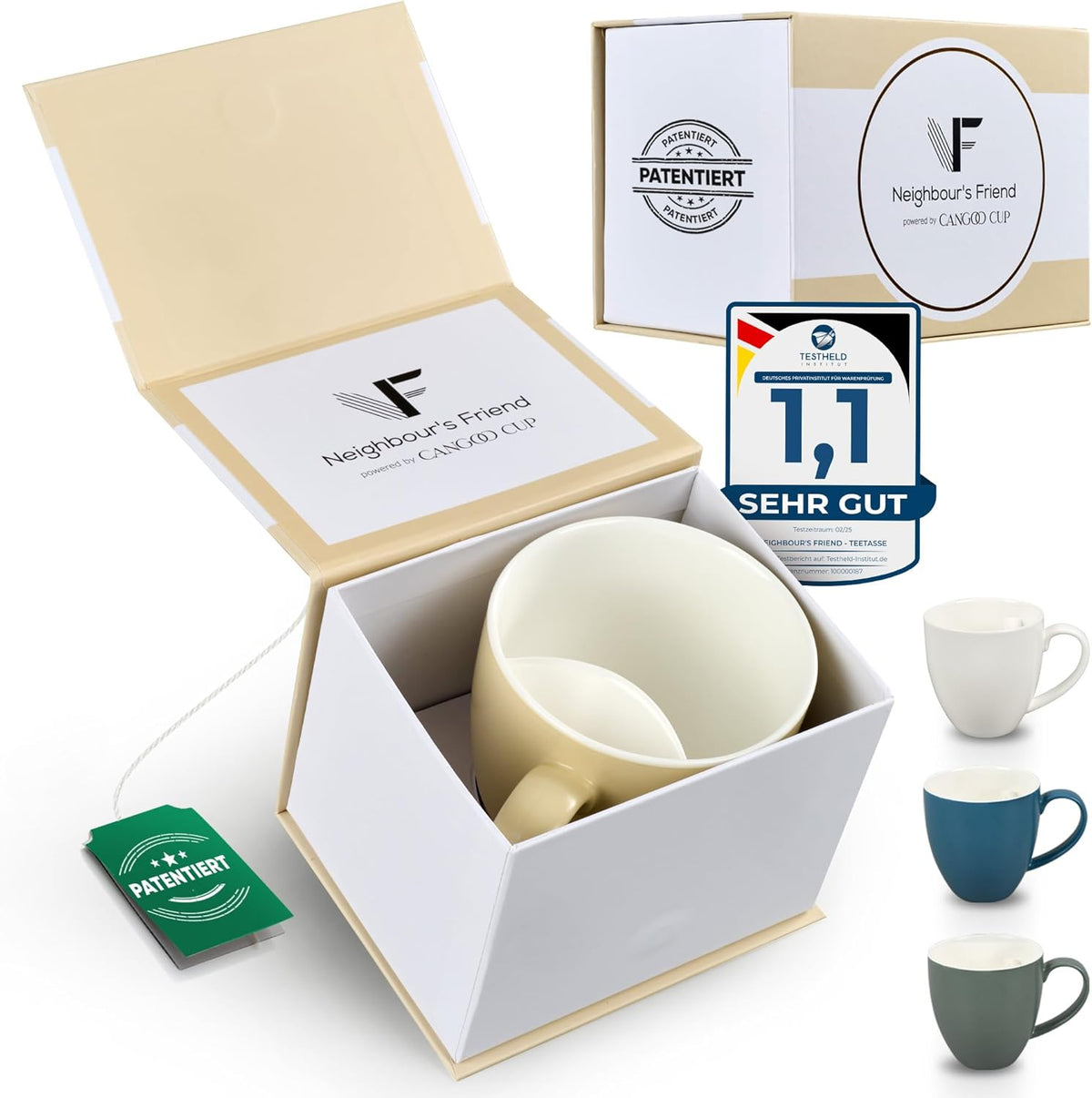 Neighbour's Friend Gepatenteerde theemok beige geschenkverpakking I Keramische mok groot 325ml I Theemok steengoed I Keramische mok voor thee I Vaatwasserbestendige theemokken I Modern design voor theedrinkers