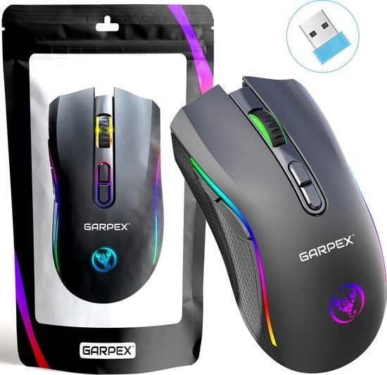 Garpex® Stille Draadloze Muis - Gaming muis - Computermuis - Muis Draadloos - Met LED Verlichting - Oplaadbaar - Zwart