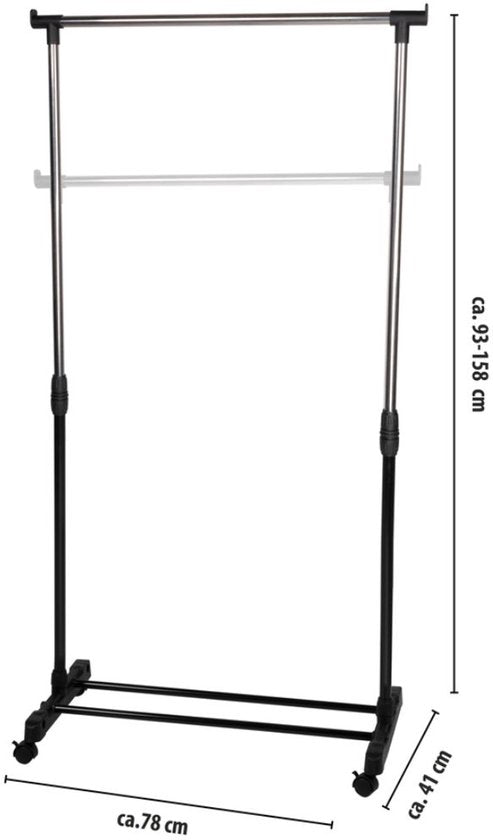 alpina Kledingrek met Wieltjes - Kleding Rek Hoogte Verstelbaar 93 - 158cm - Mobiele Kledingstang - Zwart