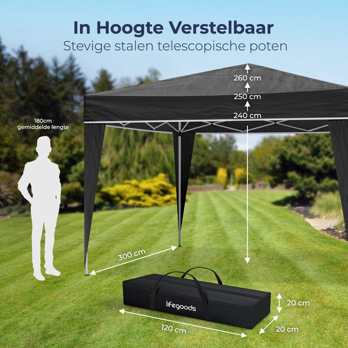 LifeGoods Partytent - Paviljoen - EasyUp - Opvouwbaar - Waterdicht - Met Draagtas - 300 x 300 cm - Zwart