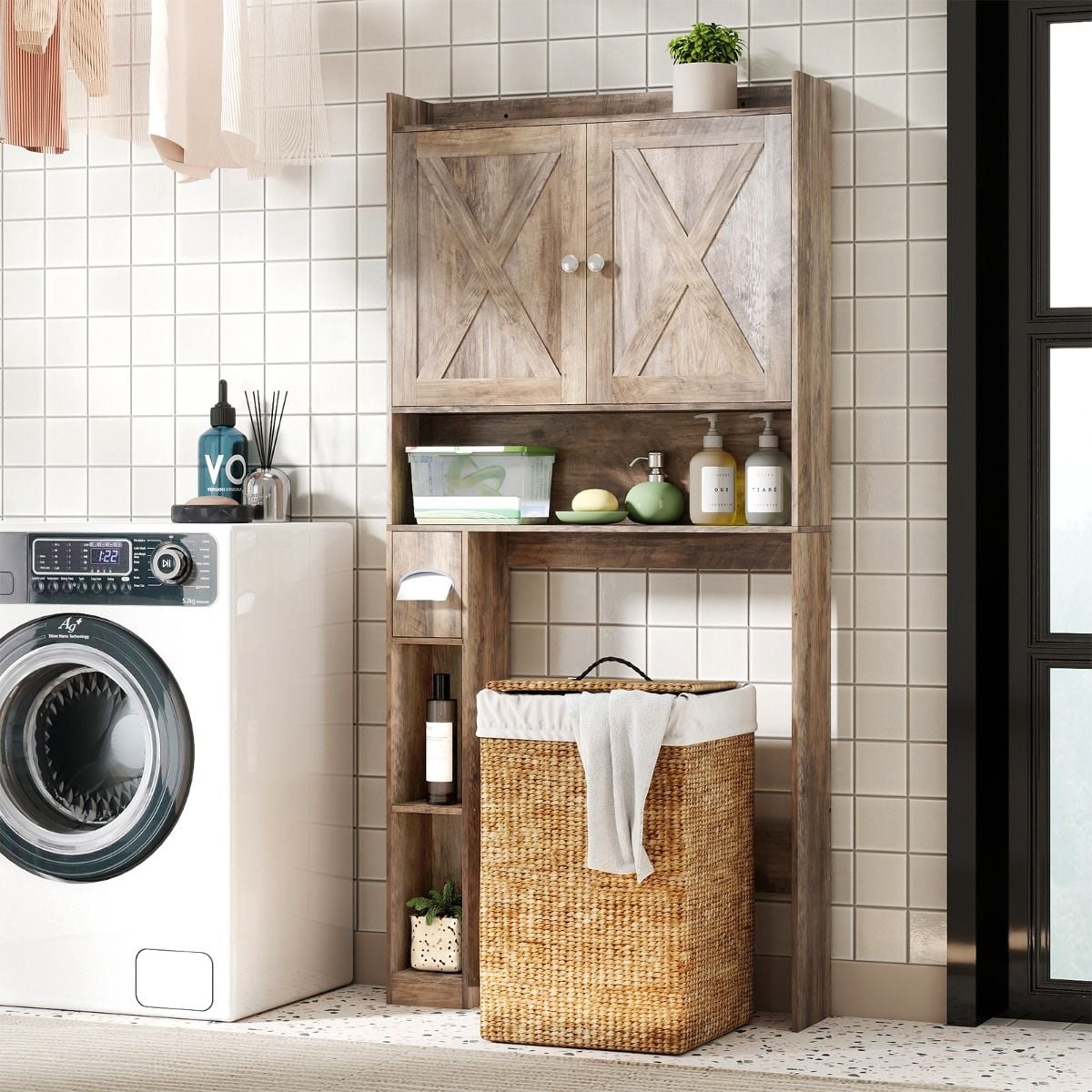 Coast Toiletkast Grijs – 81,5 x 19,5 x 172,5 cm – Met Dubbele Deuren en Toiletpapierhouder