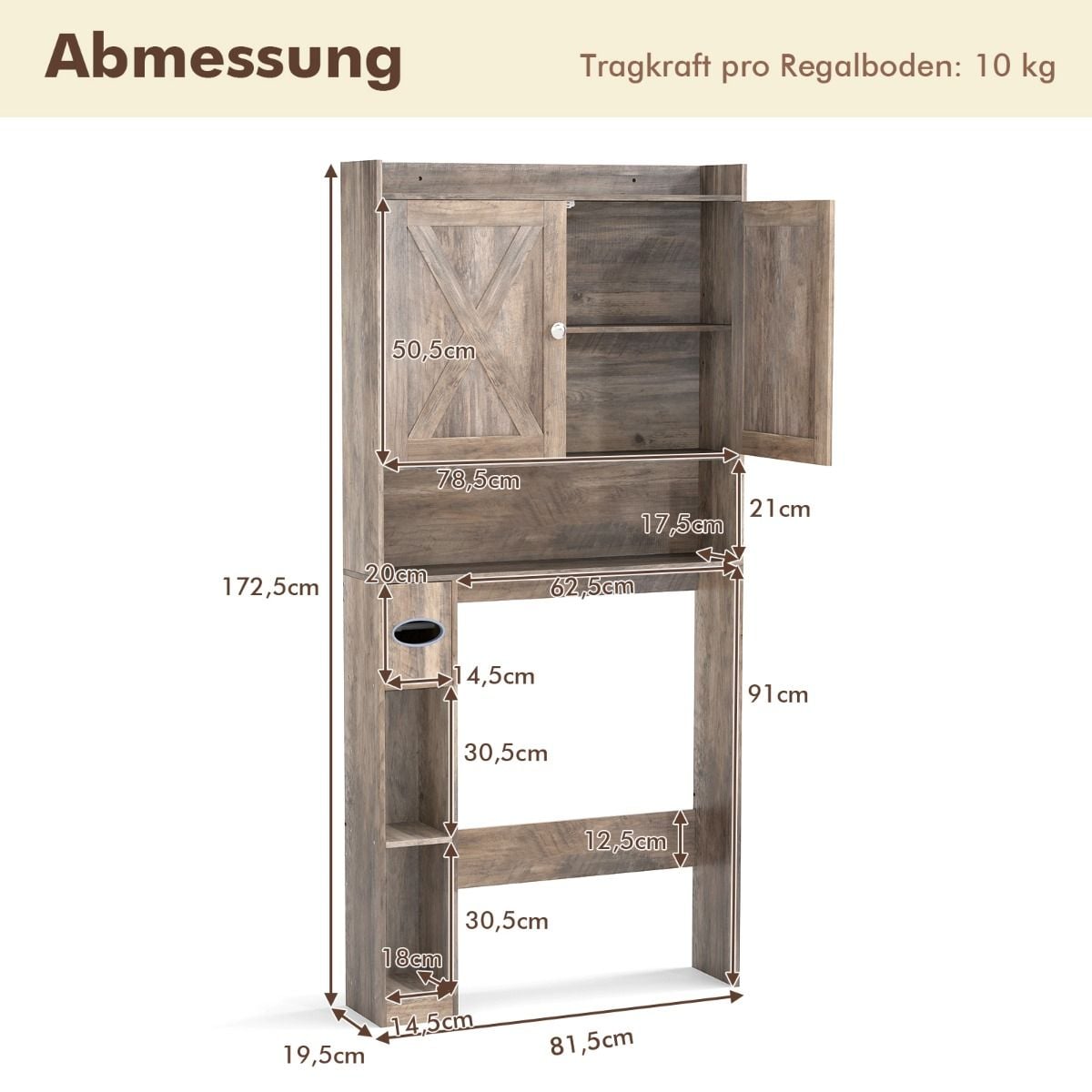 Coast Toiletkast Grijs – 81,5 x 19,5 x 172,5 cm – Met Dubbele Deuren en Toiletpapierhouder