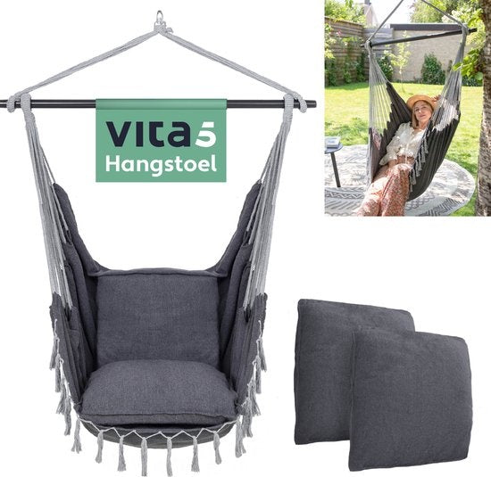 Vita5 XXL Hangstoel | Binnen&Buiten Hangnest | Incl. 2 Kussens en Boekenvak | Volwassenen&Kinderen | Hangmatstoel tot 200kg | Donkergrijs