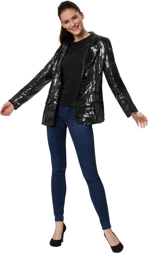 Dressforfun Paillettenjas dames zwart L - verkleedkleding kostuum halloween verkleden feestkleding carnavalskleding carnaval feestkledij partykleding - 303858