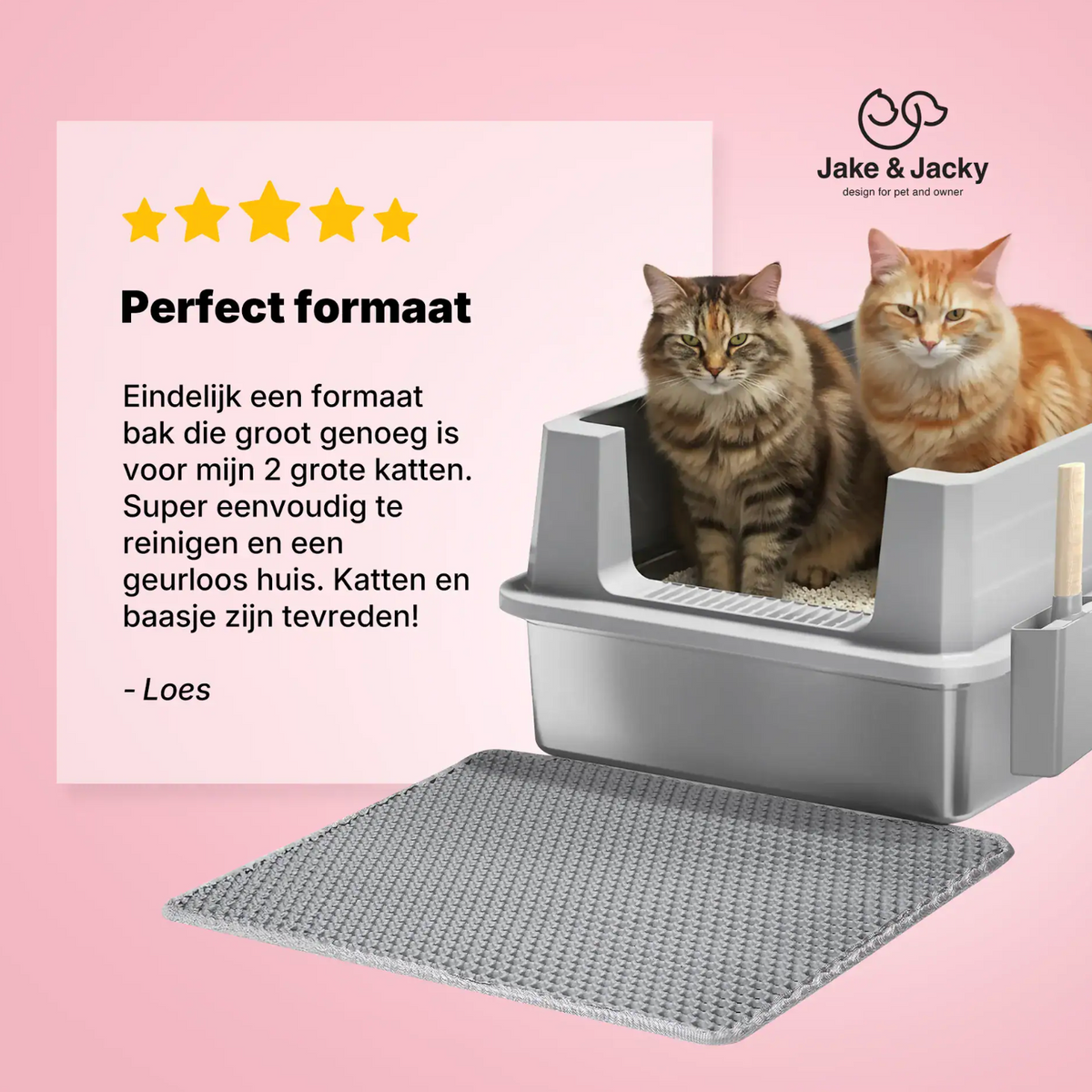 Jake & Jacky RVS Kattenbak Open XXL - voor Grote Katten - Incl. Kattenbakschep met Houder en Gritopvang Mat