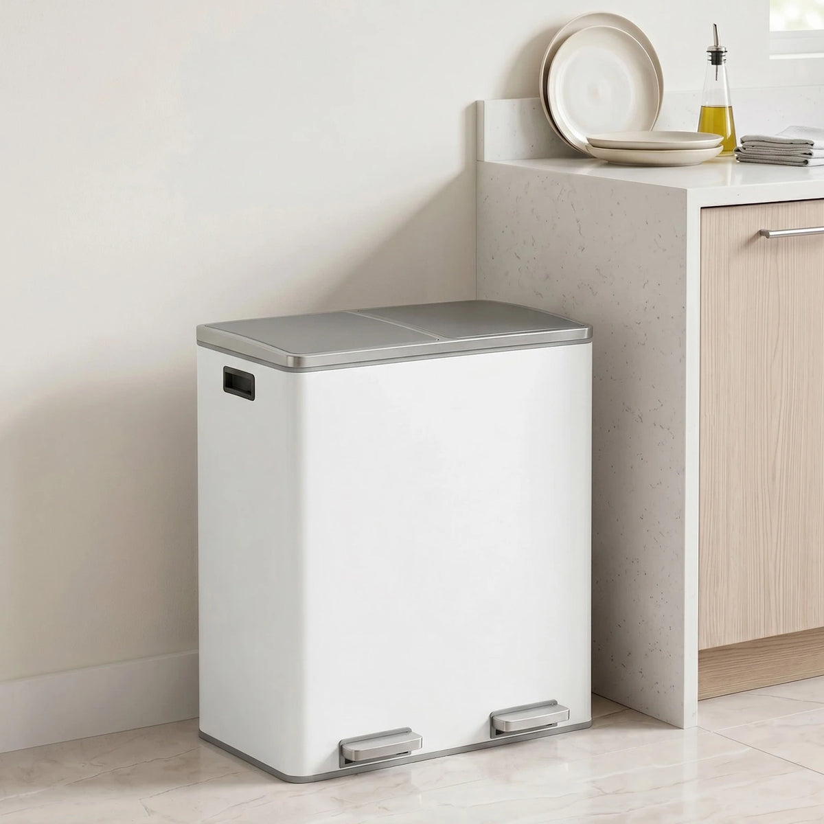 Ochama Afvalbak met 2 Compartimenten 2 x 30 L - RVS - Zacht sluitend - Zilver