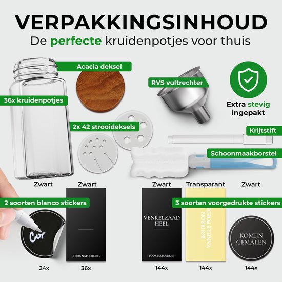 Soothe 36 Glazen Kruidenpotjes Vierkant met Acacia Deksel – 2 Soorten Strooideksels – Kruidenstrooier – Spice Jars – Complete Set incl Kruiden Stickers, Krijtstift en Accessoires – 120ml