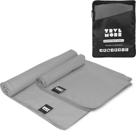 TRVLMORE Microvezel Reishanddoek Set - 2 Stuks - Large (75 x 150 cm) & Extra Large (90 x 180 cm) - Microvezel - Grijs