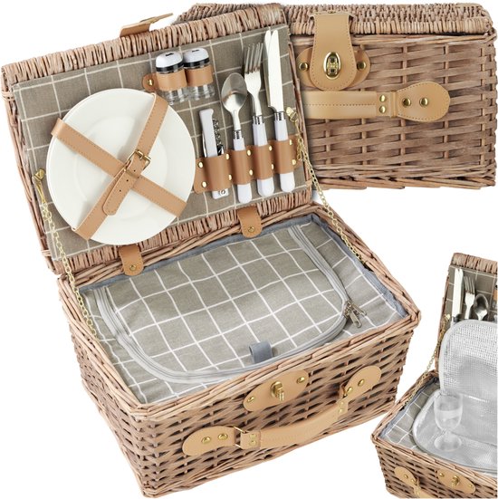 tectake® complete Picknickmand Set Ameland - Luxe 13-delige Picknick set voor 2 personen - Picknick Mand van Riet - Inclusief Koelvak, Set met Borden, Kunststof Wijnglazen en Roestvrijstalen Bestek