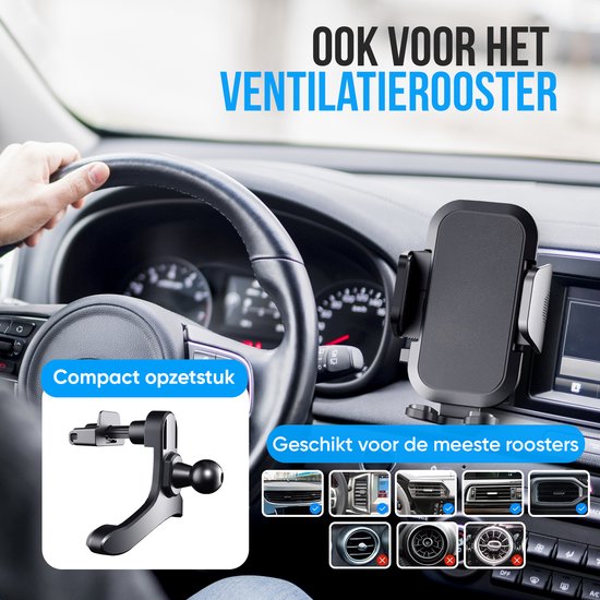 Strex - Telefoonhouder Auto - 360° Draaibaar voor Voorruit, Dashboard en Ventilatierooster - Universeel  -  Zwart