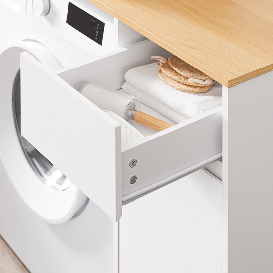 SoBuy Wasmachinekast - Badkamermeubel - Wasmand en Lade - hout - wit - 100 x 60 x 90 cm - BZR217-WN