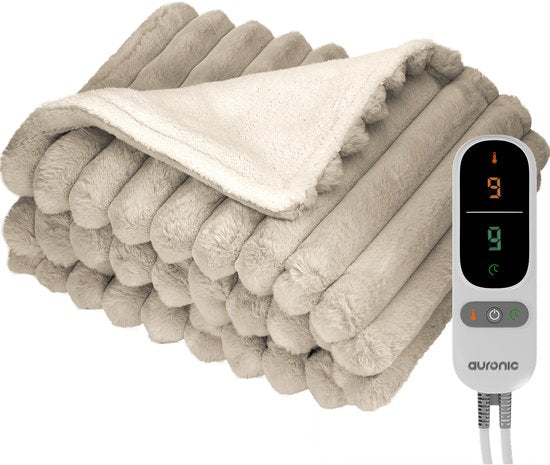 Auronic Elektrische Deken - 160 x 120cm - Warmtedeken - 1 Persoons - 3 Warmtestanden - Pluche - Taupe
