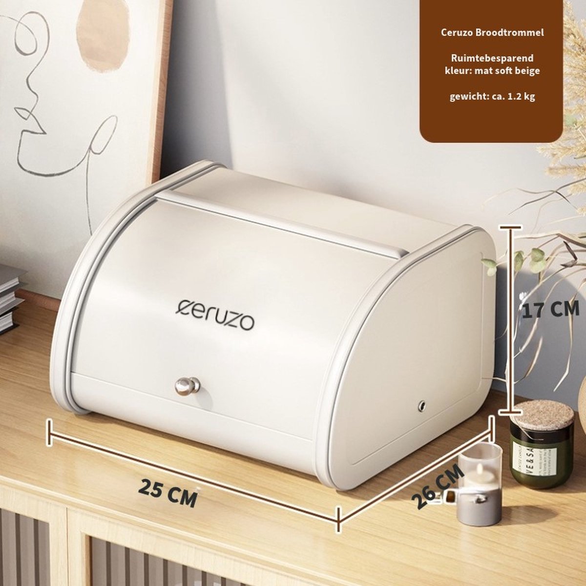 Ceruzo Broodtrommel-Schuifdeksel - Retro Design- Opbergbox Keuken-Mat Soft Beige- 25 x 26 x H17 cm