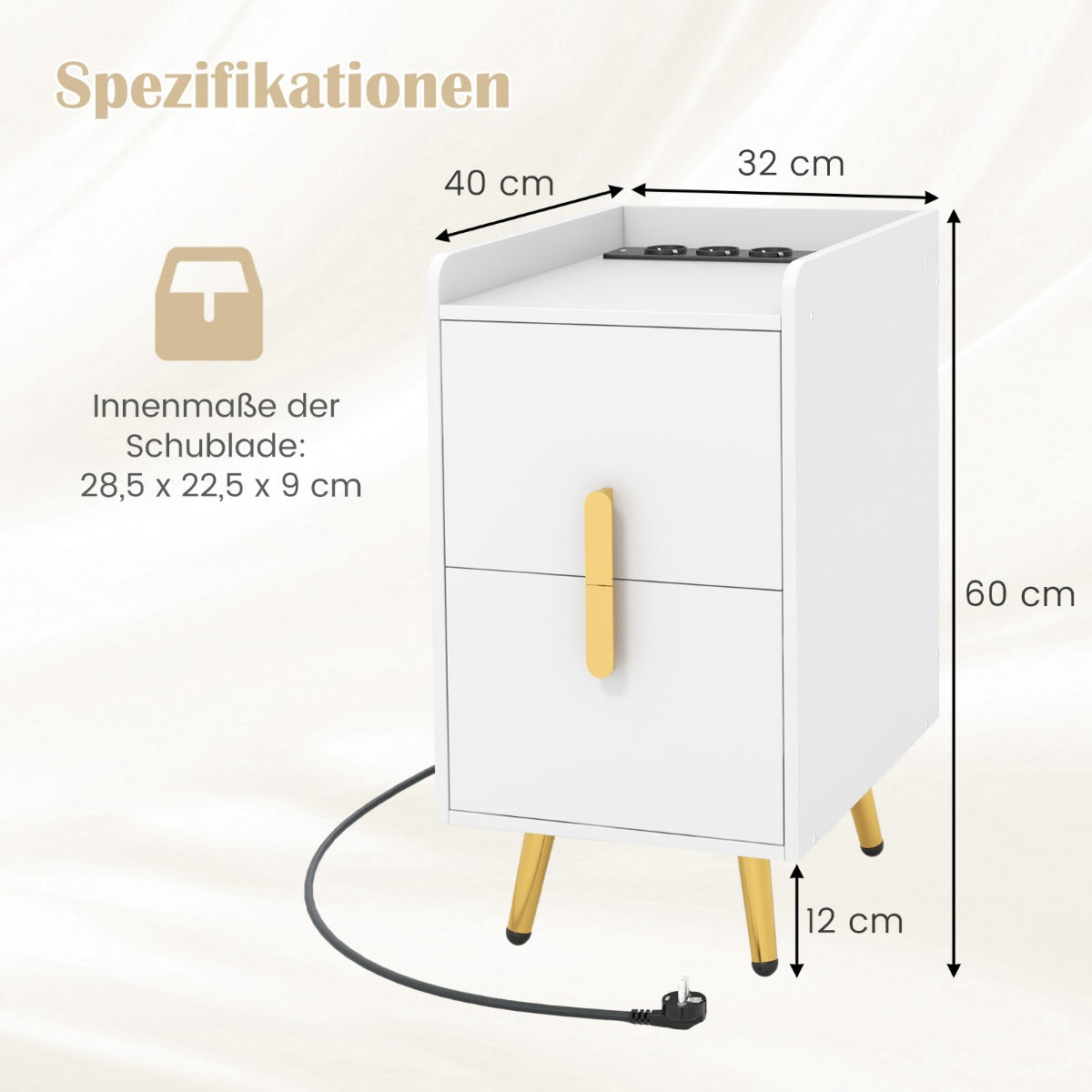 Coast Nachtkastje met ingebouwde stopcontacten - 40 x 32 x 60 cm - Wit