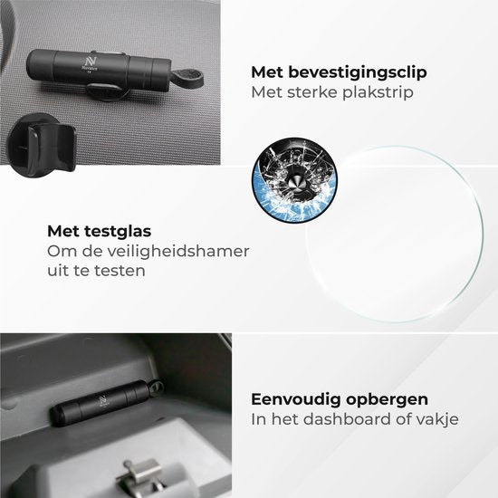 Nuvance Veiligheidshamer - Noodhamer - Incl. Zelfklevende Houder en Testglas - Gordelsnijder - Auto Hamer - Veilig Onderweg - Zwart