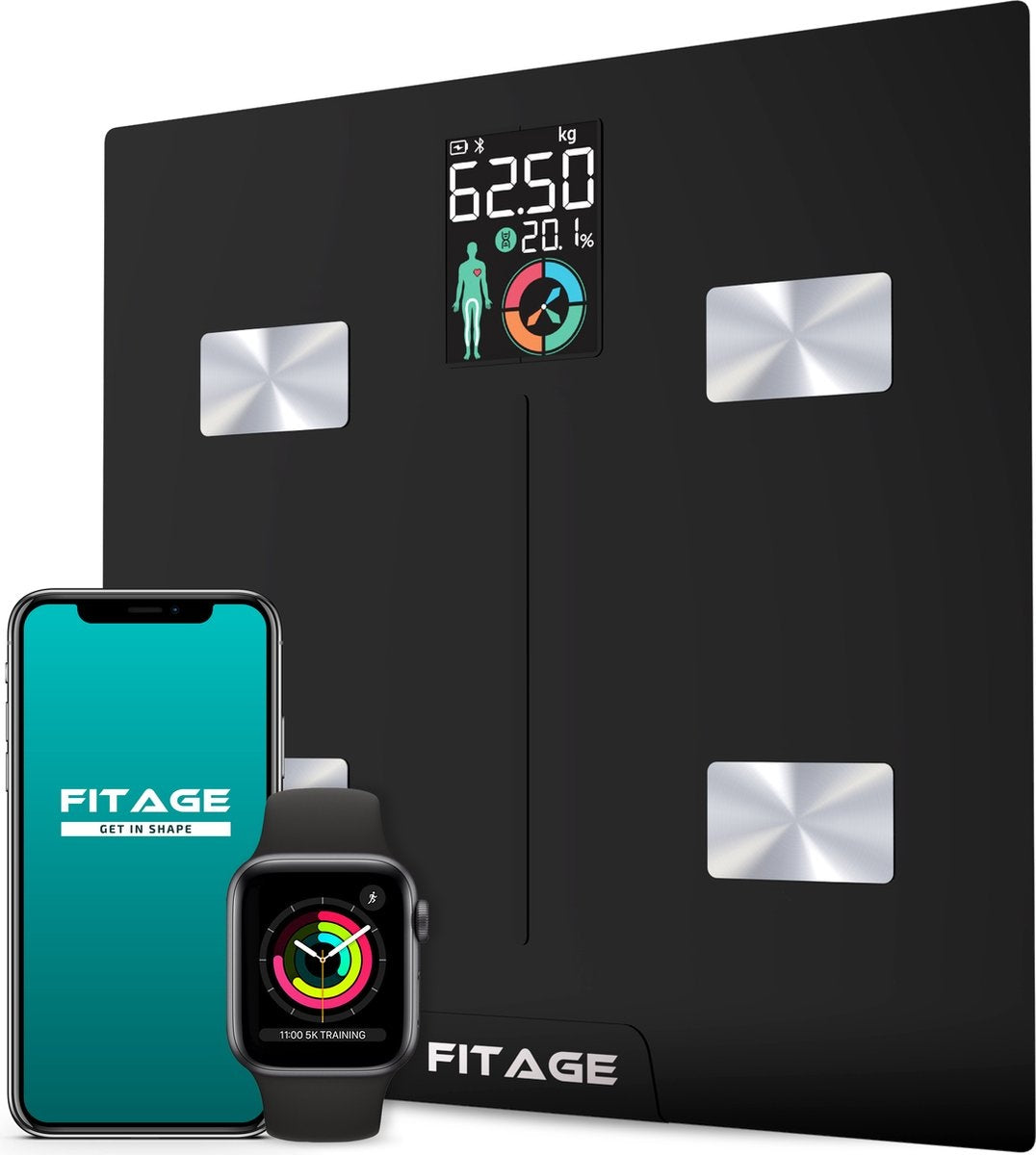 FITAGE LCD Weegschaal Personenweegschaal Digitaal - Slimme Weegschaal met 17x Lichaamsanalyse - Weegschalen - FITAGE App
