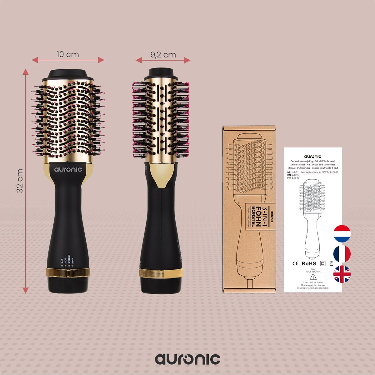 Auronic 3-in-1 Föhnborstel - Keramische Magic Brush - Airstyler - Lang/Stijl/Krullen - 1000W - Zwart/Goud