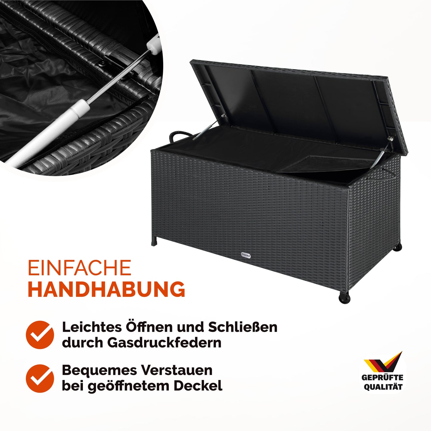 Casaria Polyrotan Kussenbox – Voorzien Van Twee Gasdrukveren En Waterdichte Binnenvoering En Twee Wielen – Voor Zitkussens En Tuinaccessoires – Zwart Gepoedercoat Staal – Honderdzeventien Lang En Drieënvijftig Breed En Zestig Hoog cm