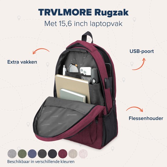 TRVLMORE Rugzak met Levenslange - Rugtas met 15,6 Inch Laptopvak - Schooltas - Spatwaterdicht - Heren en Dames - Jongens en Meisjes - 28L - Burgundy