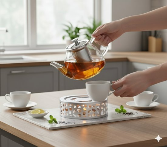 Vaja® Warmhoudplaat met Waxinelichtje voor Theepot - Warmhouder met Kaars - Theelichthouder - Thee Warmer Theelicht - Tea Maker - Verwarmer - Zilver