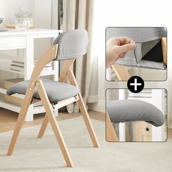 SoBuy Set van 2 Klapstoel, Bureaustoel met Gestoffeerd Zitkussen, Eetkamerstoel, Natuur/Grijs, 47.5x77x59 cm, FST92-Nx2 - voor eetkamer, balkon of kantoor