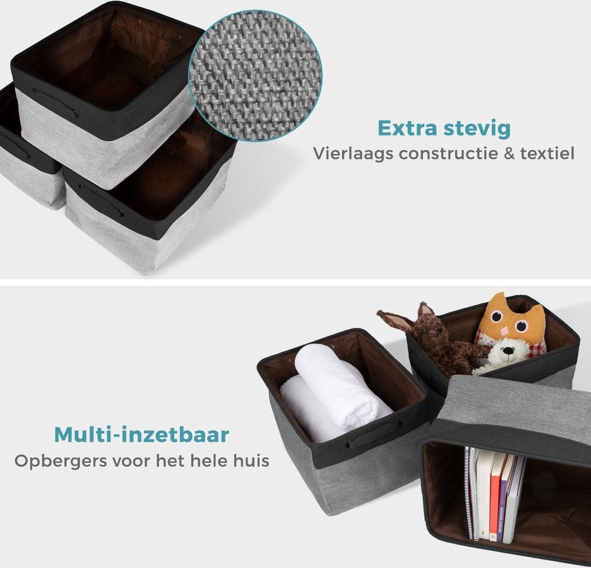 LifeGoods Opbergmand - 3 Stuks - Kast Organizer - 20 L - Textiel - Grijs