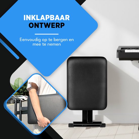 Finesse Pianokruk - Inklapbaar - in Hoogte Verstelbaar - met Kussen - Pianobank - Pianostoel - Zwart