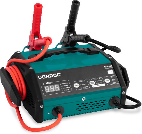 VONROC Acculader met jump starter – Max. 15A – Voor loodzuuraccu’s van 6V of 12V