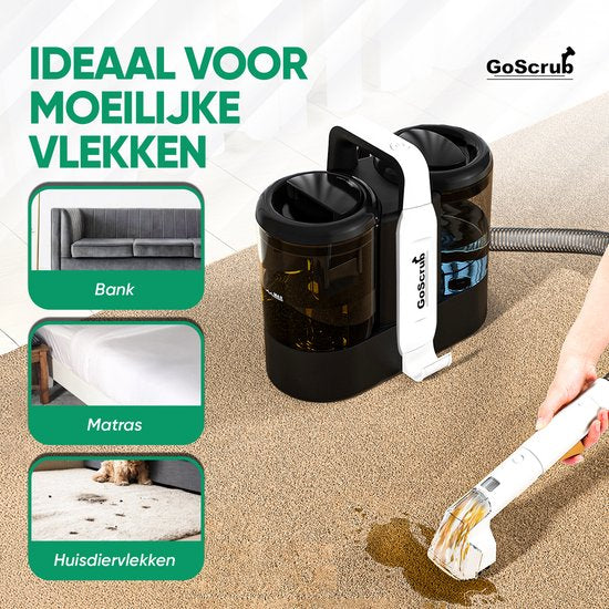 GoScrub Tapijtreiniger – Incl. Accessoires & Schoonmaakmiddel – 600 W – 18 x 35 x 30 cm – Zwart/Wit