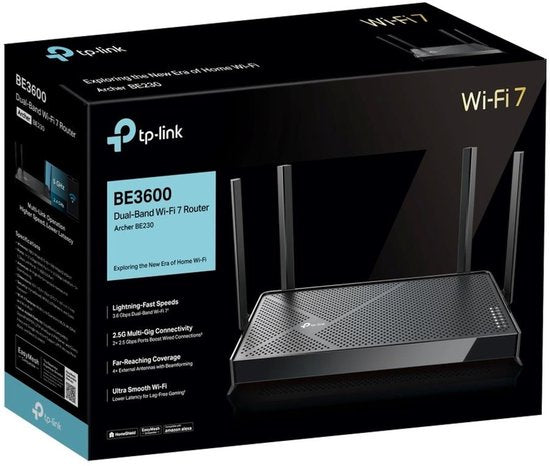 TP-Link Archer BE230 - Router - WiFi Versterker - Dual-Band - WiFi 7 - 3600 Mbps - Zwart