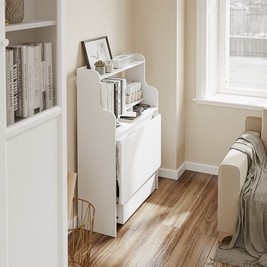 SoBuy Wandklaptafel FWT105-II-W - Multifunctionele Ruimtebesparende Klaptafel met Wielen - Inklapbaar Bureau met Lade en Planken - Wit