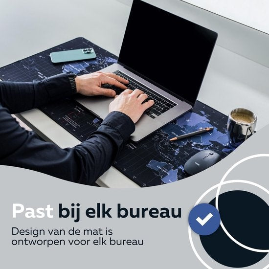 WURK Professionele Bureau Onderlegger – Wereldkaart – Bureau Organizer – Bureau Accessoires – Muismat XXL – Anti-Slip – Inclusief Kabel Clip – 90x40