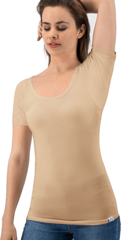 Anti Zweet Shirt - Fibershirts® - Ingenaaide Okselpads - Ondershirt - beige - Ronde Hals - Dames - Maat XS