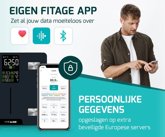 FITAGE LED Weegschaal Personenweegschaal Digitaal - Slimme Weegschaal met 17x Lichaamsanalyse - Weegschalen - FITAGE App