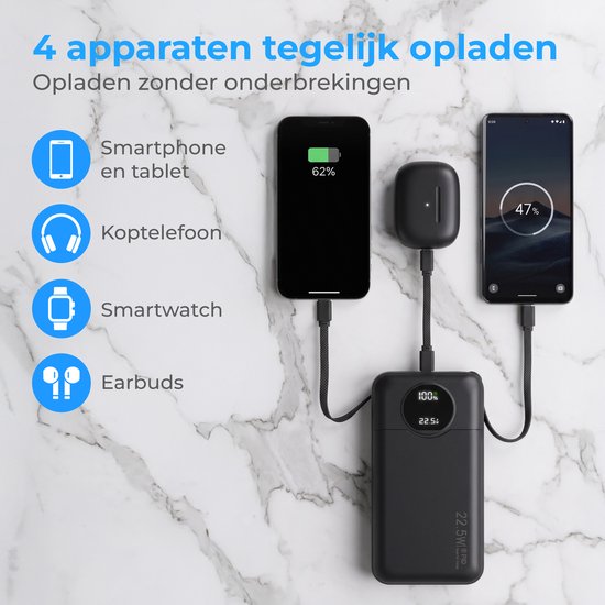 Nuvance Powerbank 20000 mAh - 22.5W Snellader Usb-C & 8-Pin - Noodpakket - 2 Poorten - 2 Geïntegreerde Kabels - Power Bank