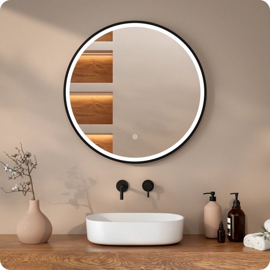 Mirlux Badkamerspiegel met LED Verlichting & Verwarming – Wandspiegel rond – Anti Condens Douchespiegel - 80CM - Zwart Frame