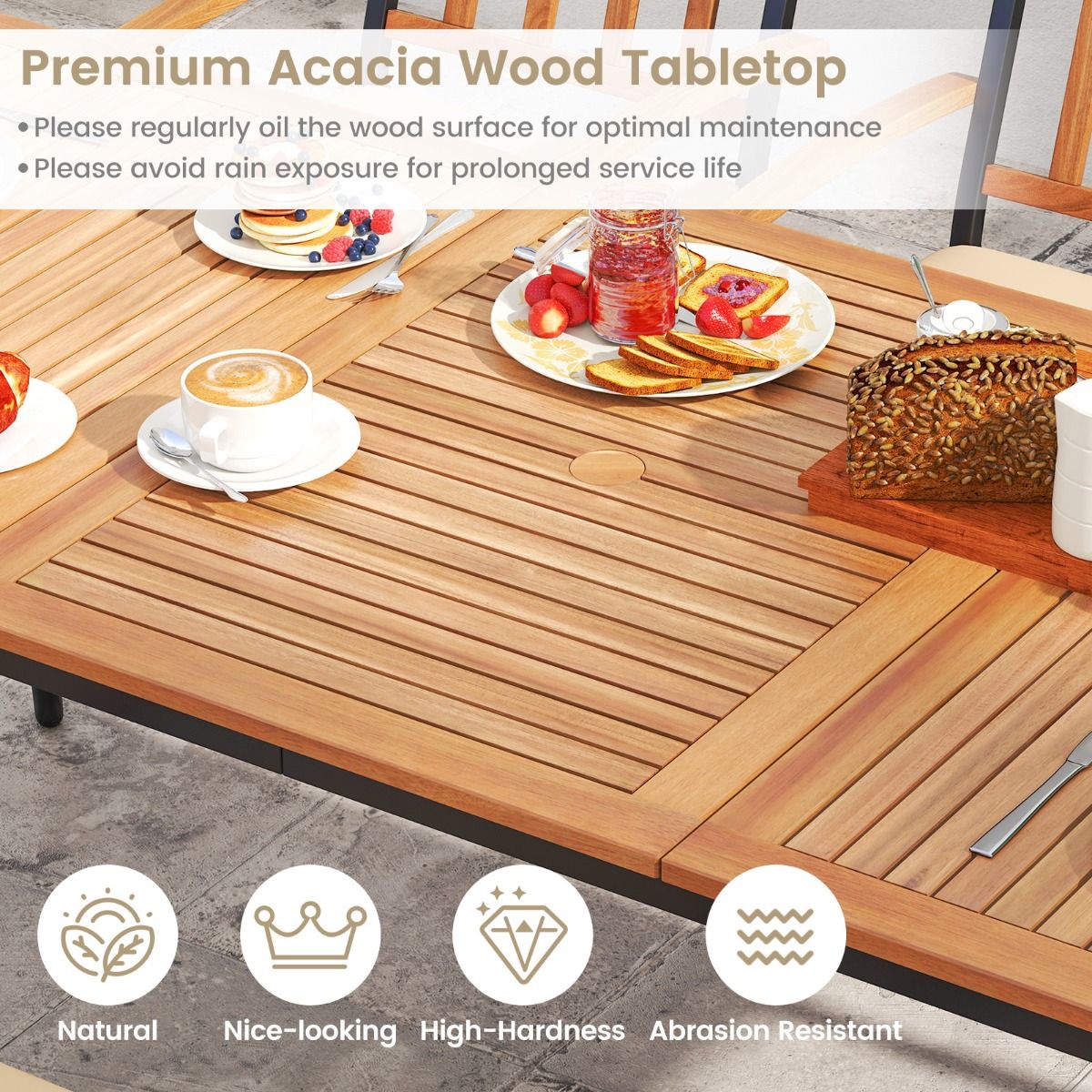 Coast tuintafel voor 8 personen - acaciahout met metalen poten - parasolgat 5 cm - naturel en zwart - 200 x 90 cm