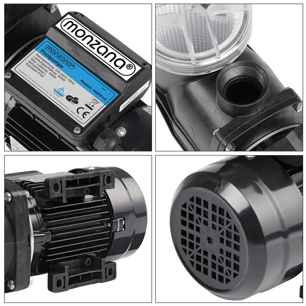 Monzana Filterpomp + Voorfilter - 9.960 l/u 400 W IPX5 – Zwart