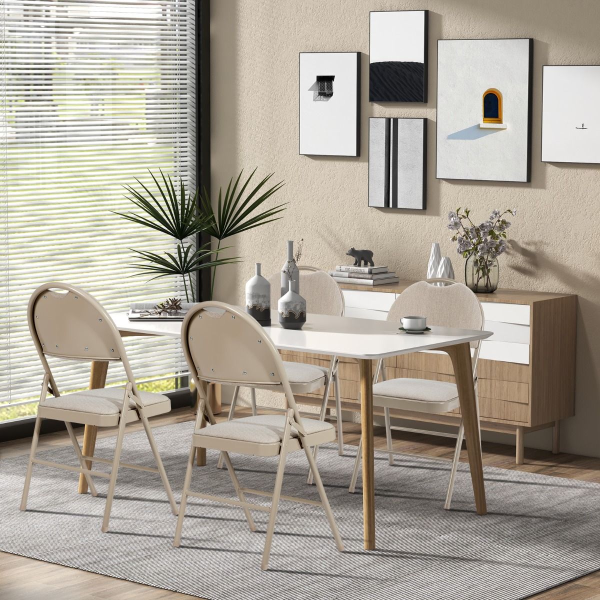 Coast 4-Delige Draagbare Klapstoelen Set – Metalen Frame, Gevoerde Zitting en Stof Beklede Rugleuning, Beige, 47 x 50 x 88,5 cm